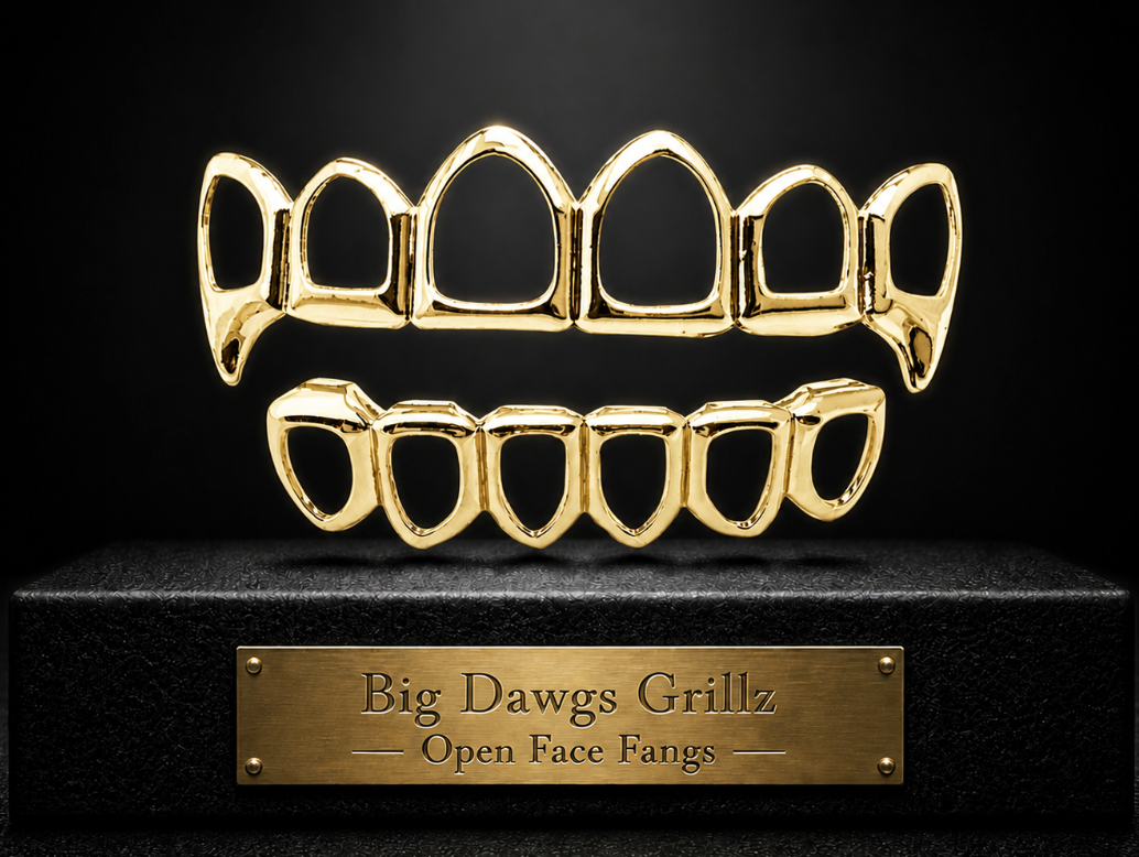 14K Gold Plated Open Face Fang Grillz Set