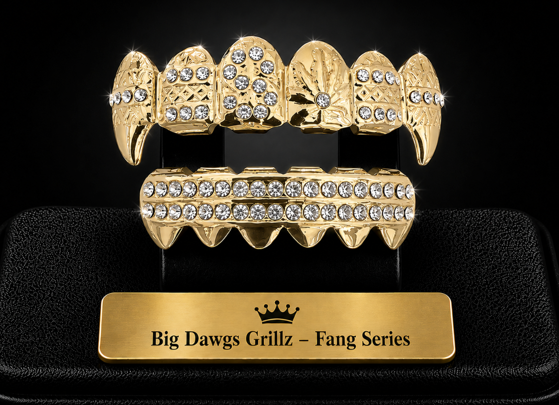 14K Gold Plated Upper & Lower Grillz Set Dollar Sign Fangs