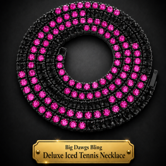 Black Iced CZ Row Tennis Baseball Chain Necklace Black Pink