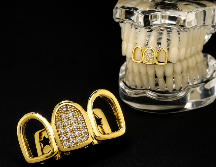 14K Gold Plated Iced 3 Tooth Open Face Iced CZ Grillz Set