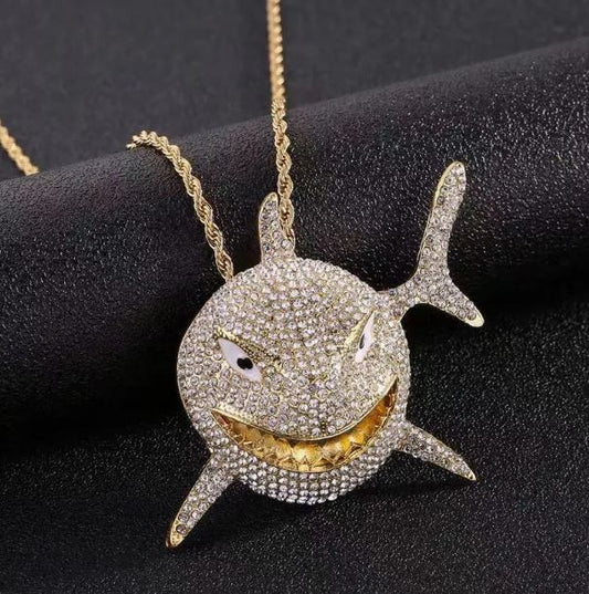 Iced 14K Gold Plated Pendant with Hip Hop Chain Necklace Large Shark