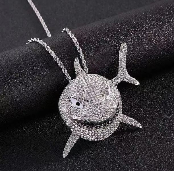 Iced Silver Plated Pendant with Hip Hop Chain Necklace Large Shark