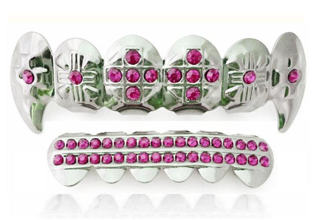 Silver Plated Upper & Lower Fang Grillz Set Iced Pink CZ