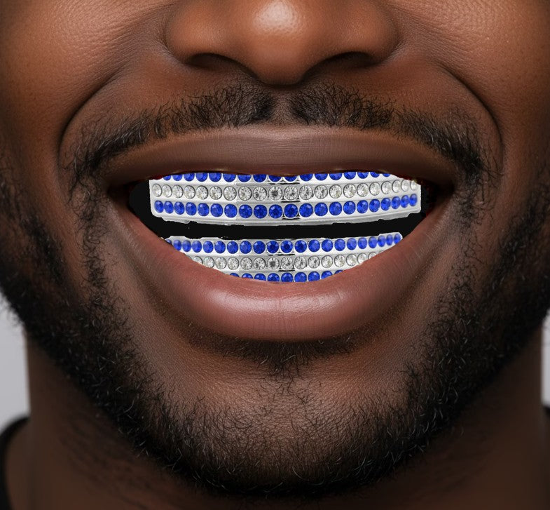 Team Colors Silver 6 Rows Iced CZ Mouth Teeth Grillz Upper Lower Set Blue