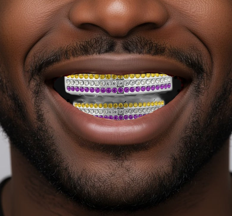 Team Colors Silver 6 Rows Iced CZ Mouth Teeth Grillz Upper Lower Set Purple Yellow