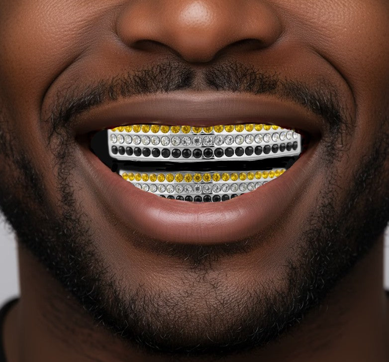 Team Colors Silver 6 Rows Iced CZ Mouth Teeth Grillz Upper Lower Set Yellow Black