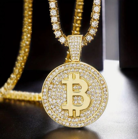 Iced 14K Gold Plated Pendant with Hip Hop Tennis Chain Necklace Bitcoin