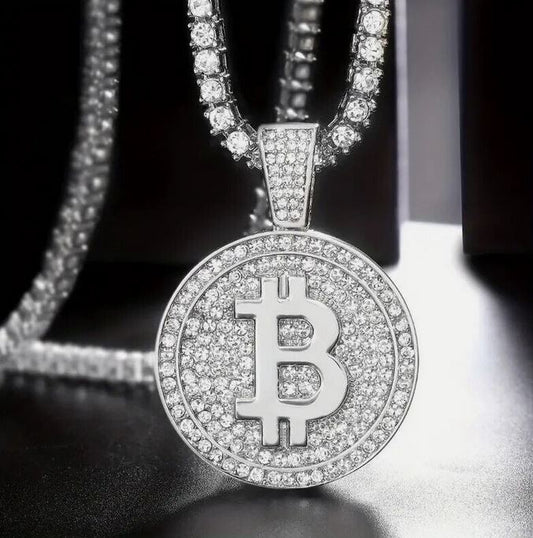 Iced Silver Plated Pendant with Hip Hop Tennis Chain Necklace Bitcoin