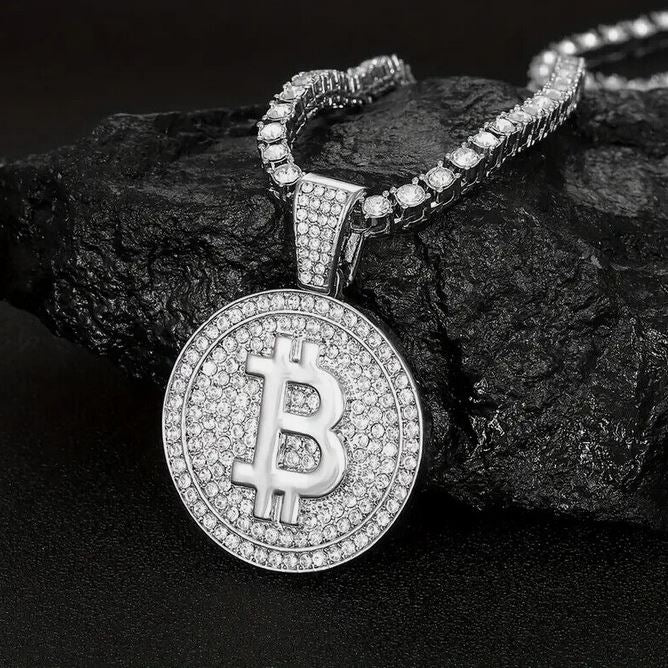 Iced Silver Plated Pendant with Hip Hop Tennis Chain Necklace Bitcoin