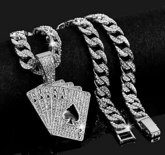 Iced Silver Plated Pendant with Hip Hop Chain Necklace Card Deck