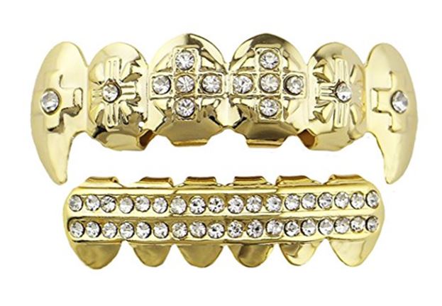 14K Gold Plated Upper & Lower Grillz Set Iced Cross Fangs