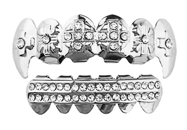 Silver Plated Upper & Lower Grillz Set Iced Cross Fangs