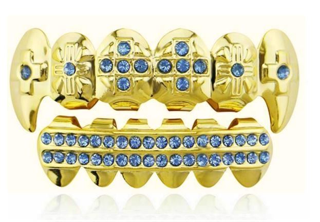 14K Gold Plated Upper & Lower Grillz Fangs Set Iced Blue CZ