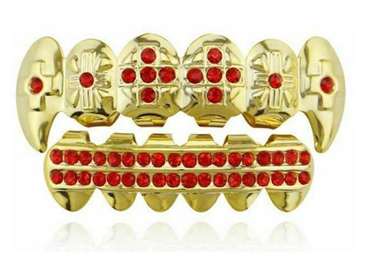 14K Gold Plated Upper & Lower Grillz Fangs Set Iced Red CZ