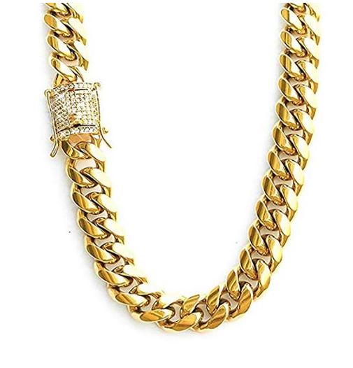 18K Gold GP Stainless Steel Cuban Link Chain Necklace Diamond Clasp 14mm