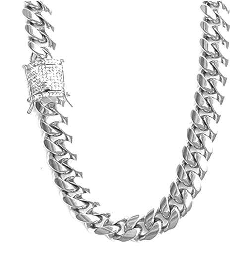 Silver Plated over Stainless Steel Cuban Link Chain Necklace Diamond Clasp 14mm