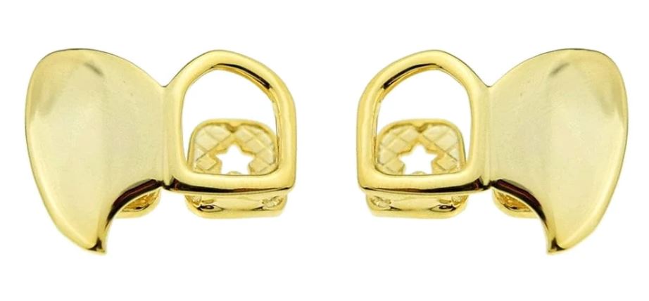 14K Gold Plated Open Face Upper Left & Right Double Fang Grillz Set