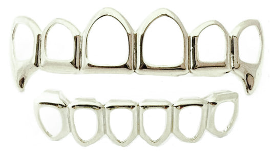 Silver Plated Open Face Fang Grillz Set