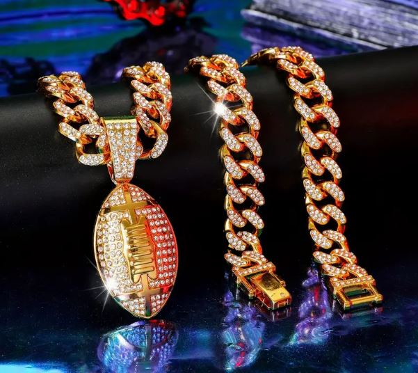 Iced 14K Gold Plated Pendant with Hip Hop Chain Necklace Football