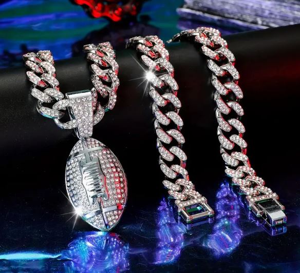 Iced Silver Plated Pendant with Hip Hop Chain Necklace Football