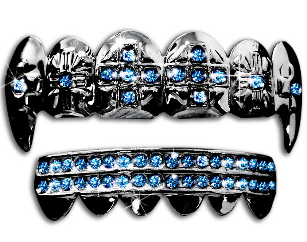 Rhodium Plated Upper & Lower Grillz Set Black Fangs w/ Blue CZ Stones