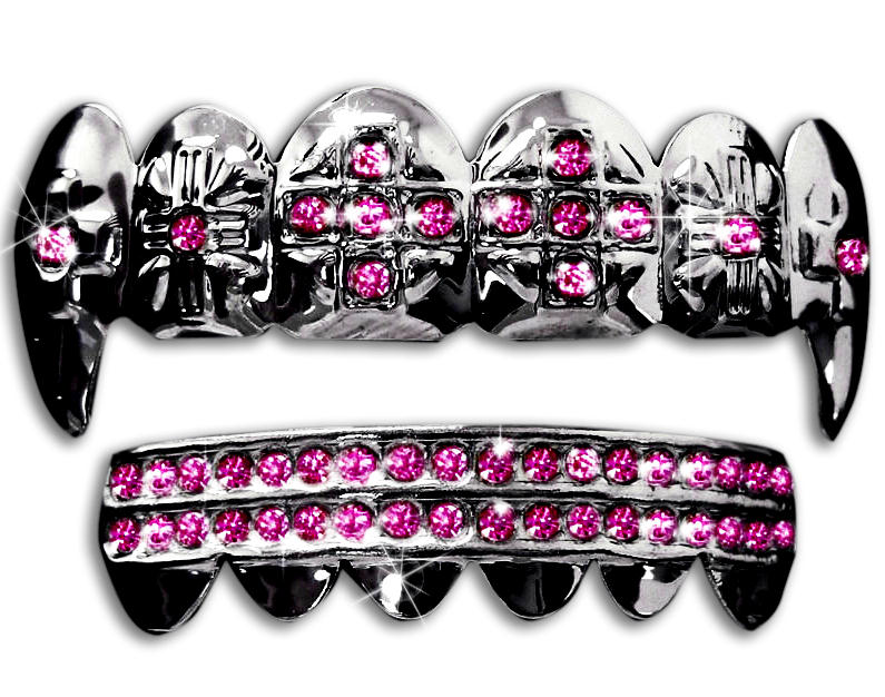 Rhodium Plated Upper & Lower Grillz Set Black Fangs w/ Pink CZ Stones