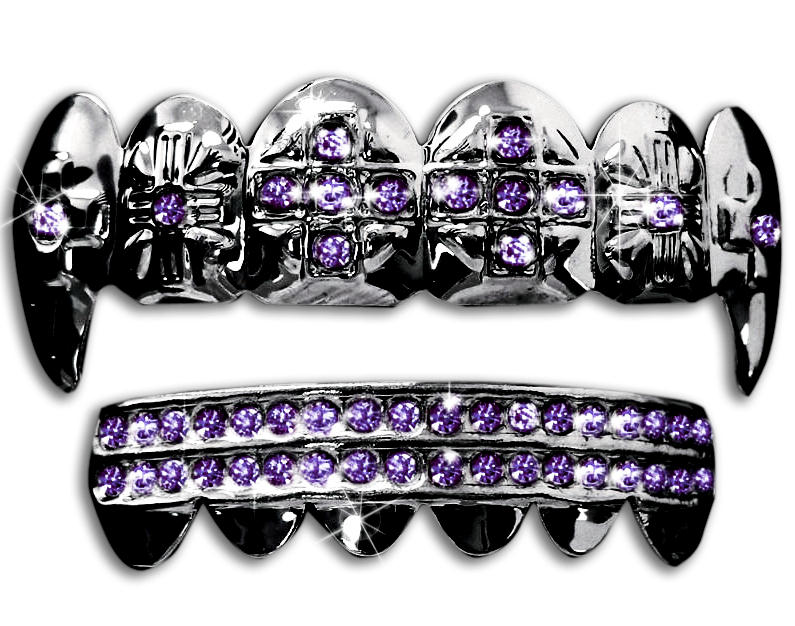 Rhodium Plated Upper & Lower Grillz Set Black Fangs w/ Purple CZ Stones
