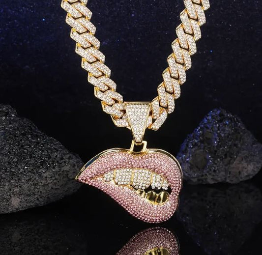 Iced 14K Gold Plated Pendant with Hip Hop Chain Necklace Mouth Grillz