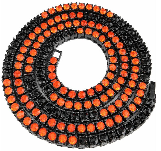 Black Iced CZ Row Tennis Baseball Chain Necklace Black Orange
