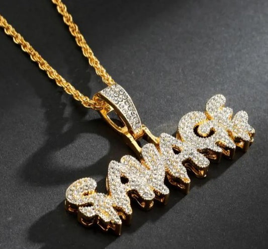 Iced 14K Gold Plated Pendant with Hip Hop Chain Necklace Savage