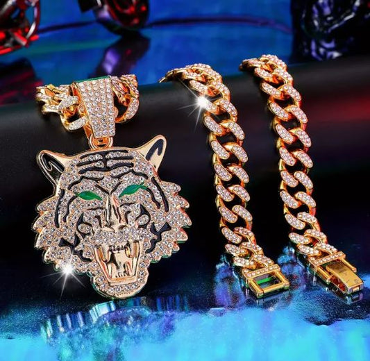 Iced 14K Gold Plated Pendant with Hip Hop Chain Necklace Large Tiger