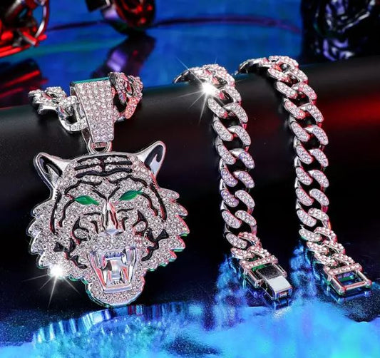 Iced Silver Plated Pendant with Hip Hop Chain Necklace Large Tiger