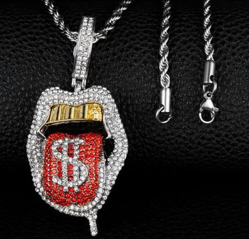 Iced Silver Plated Pendant with Hip Hop Chain Necklace Lips & Grillz