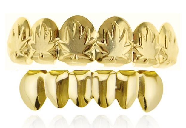 14K Gold Plated Upper & Lower Grillz Set Leaf