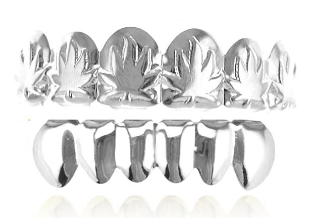 Silver Plated Upper & Lower Grillz Set Leaf