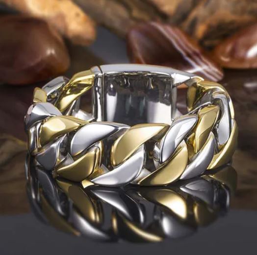 Mens Two-Tone Hip Hop Iced CZ Ring One Size Fits Most Cuban Link