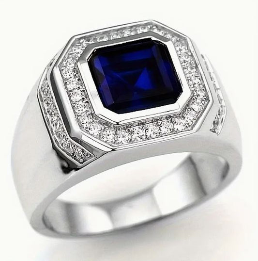 Mens 14K Gold Plated Hip Hop Iced CZ Ring One Size Fits Most Blue Sapphire