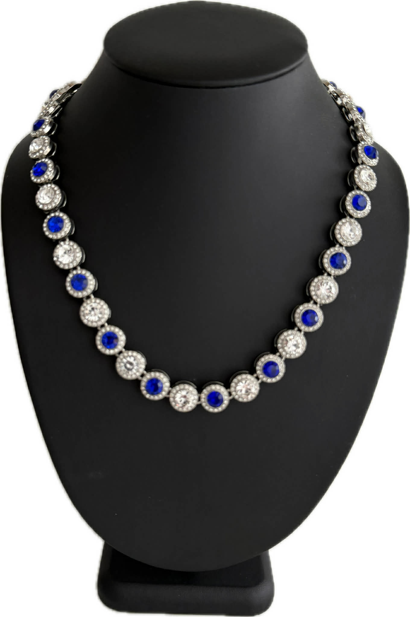 Hip Hop Iced Silver 12mm CZ Cluster Chain Necklace Royal Blue White