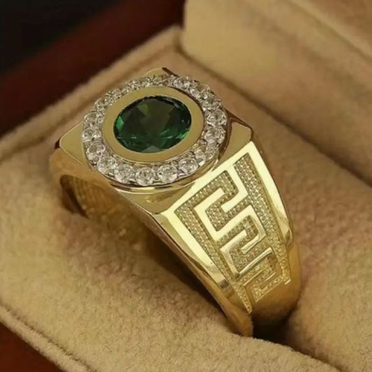 Mens 14K Gold Plated Hip Hop Iced CZ Ring One Size Fits Most Green Emerald
