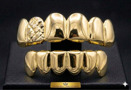 14K Gold Plated Upper & Lower Grillz Set Diamond Cut Series 07