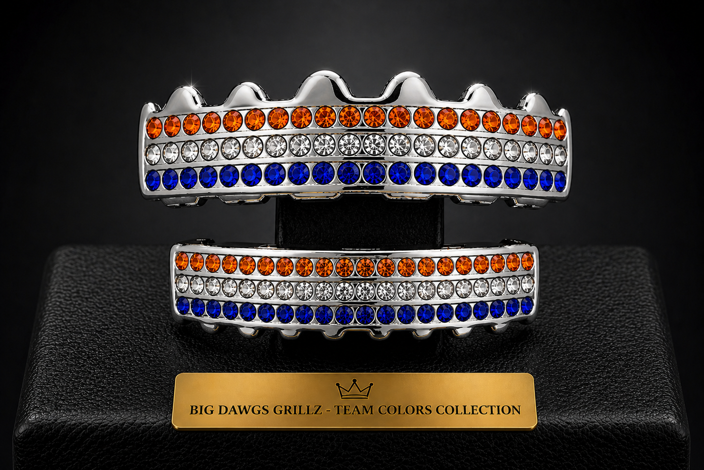 Team Colors Silver 6 Rows Iced CZ Mouth Teeth Grillz Upper Lower Set Orange Blue
