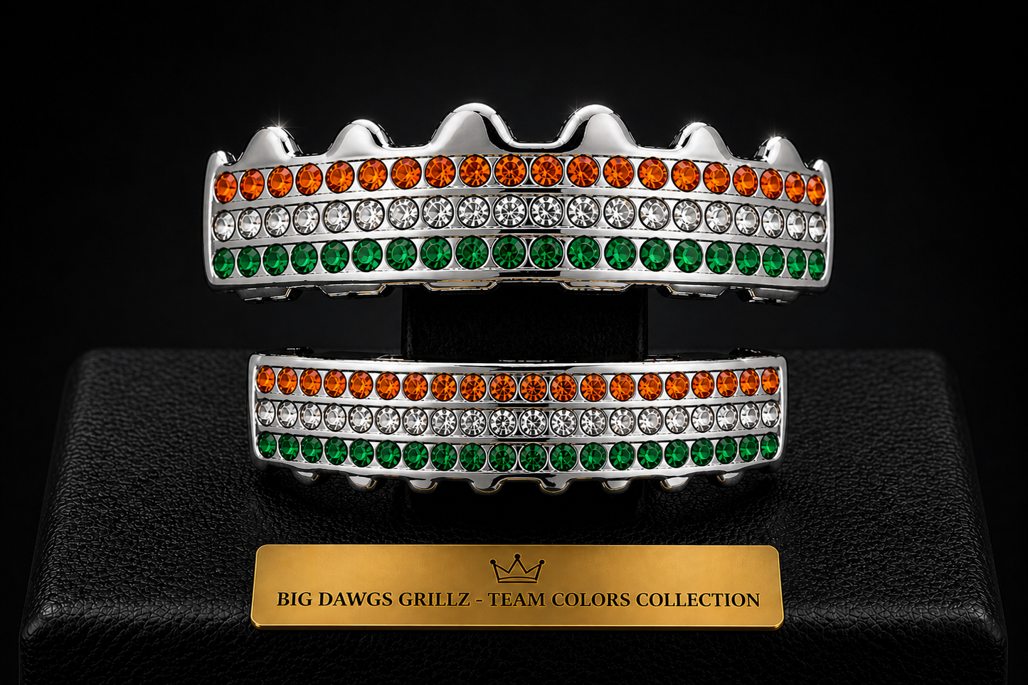 Team Colors Silver 6 Rows Iced CZ Mouth Teeth Grillz Upper Lower Set Orange Green