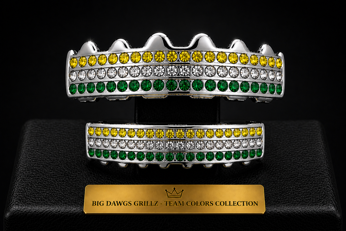 Team Colors Silver 6 Rows Iced CZ Mouth Teeth Grillz Upper Lower Set Green Yellow