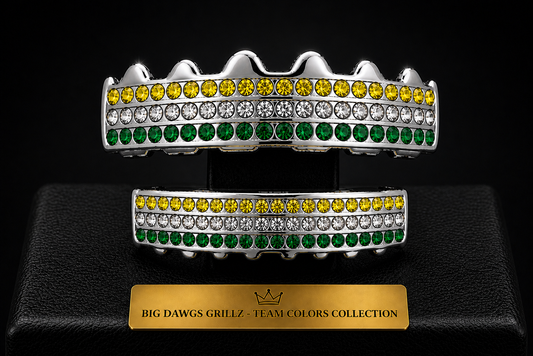 Team Colors Silver 6 Rows Iced CZ Mouth Teeth Grillz Upper Lower Set Green Yellow