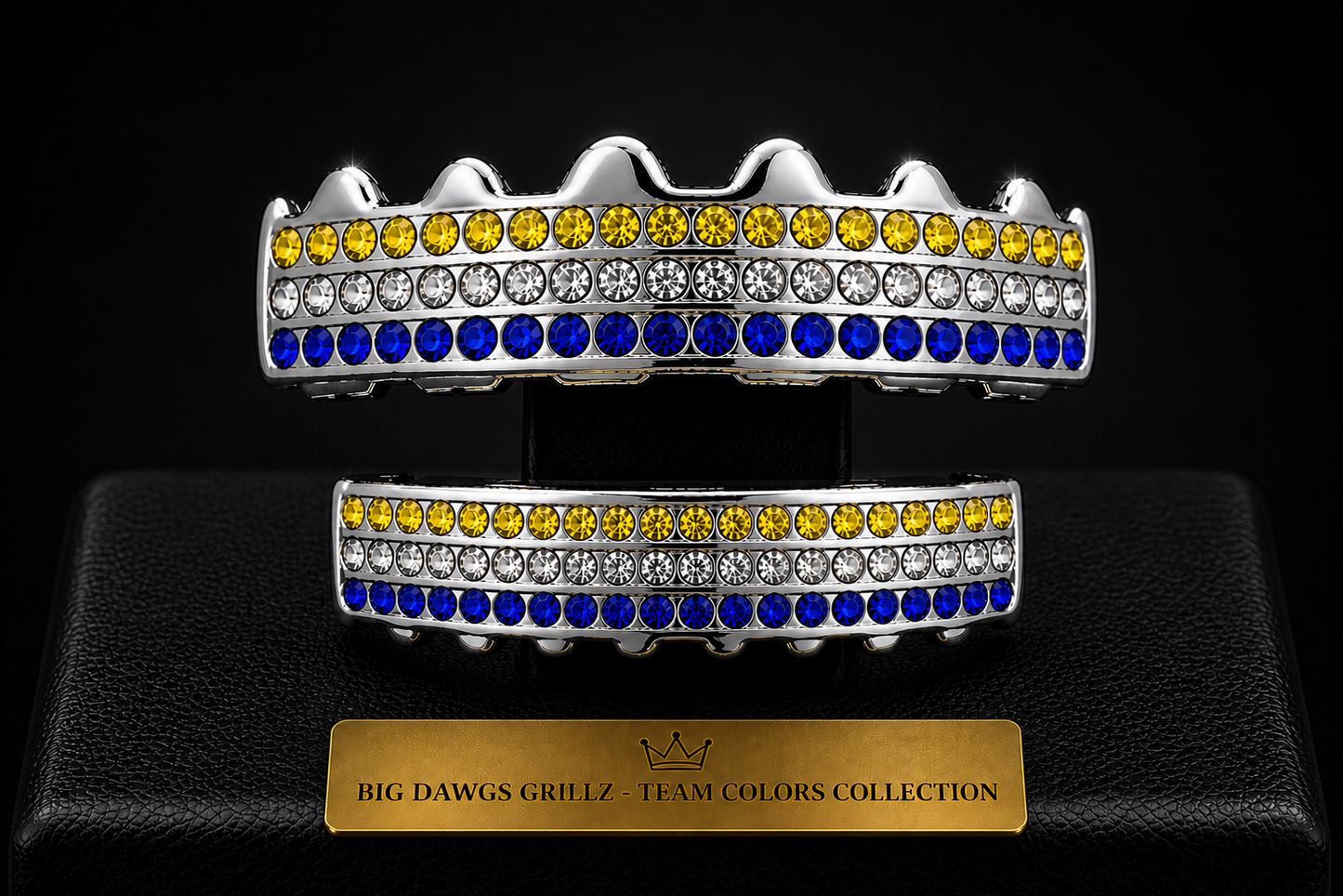 Team Colors Silver 6 Rows Iced CZ Mouth Teeth Grillz Upper Lower Set Blue Yellow