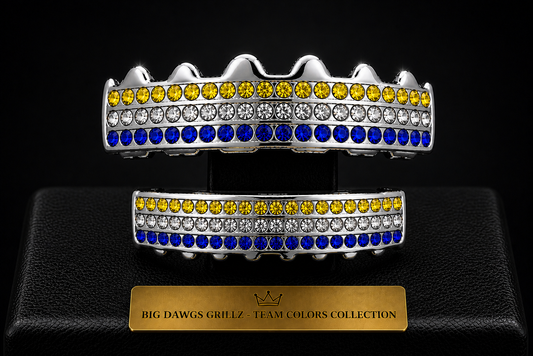 Team Colors Silver 6 Rows Iced CZ Mouth Teeth Grillz Upper Lower Set Blue Yellow