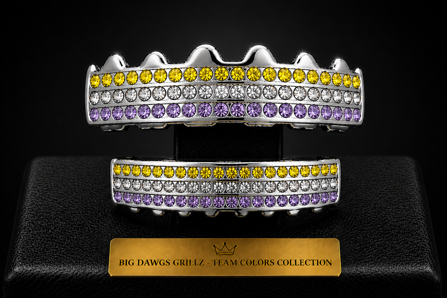 Team Colors Silver 6 Rows Iced CZ Mouth Teeth Grillz Upper Lower Set Purple Yellow