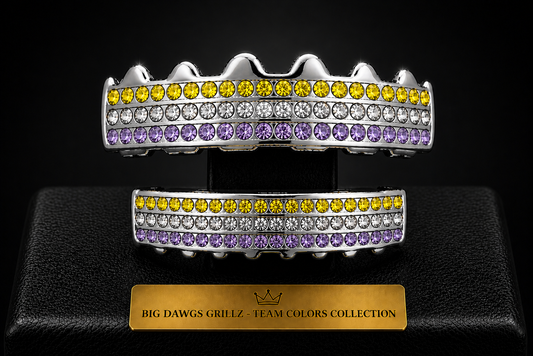 Team Colors Silver 6 Rows Iced CZ Mouth Teeth Grillz Upper Lower Set Purple Yellow