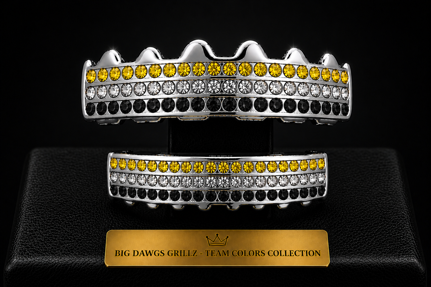 Team Colors Silver 6 Rows Iced CZ Mouth Teeth Grillz Upper Lower Set Yellow Black