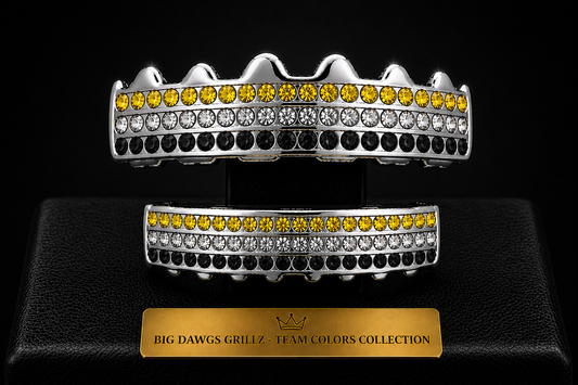 Team Colors Silver 6 Rows Iced CZ Mouth Teeth Grillz Upper Lower Set Yellow Black